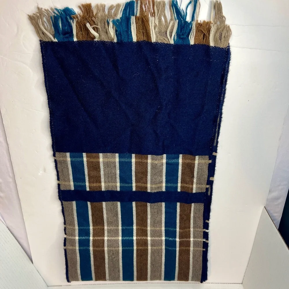 Striped Multicolor Wool‎ Scarf Made in Scotland Striped Brown Blue Cream